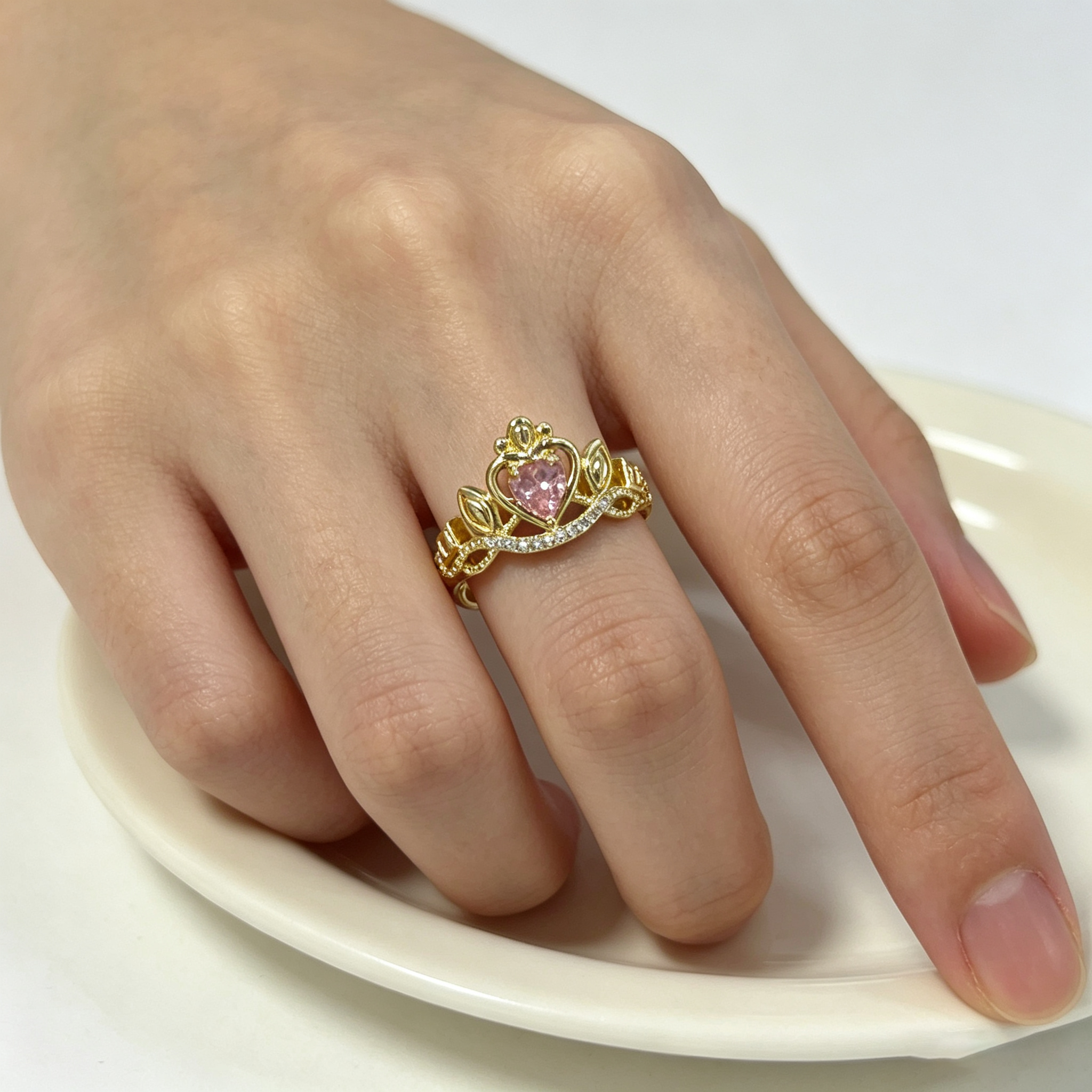 #JYVintage Queen Crown Pink Heart Ring Shiny Cubic Zirconia Open Adjustable Gold Ring Romantic Gift For Girlfriend Wedding Party Daily Wear