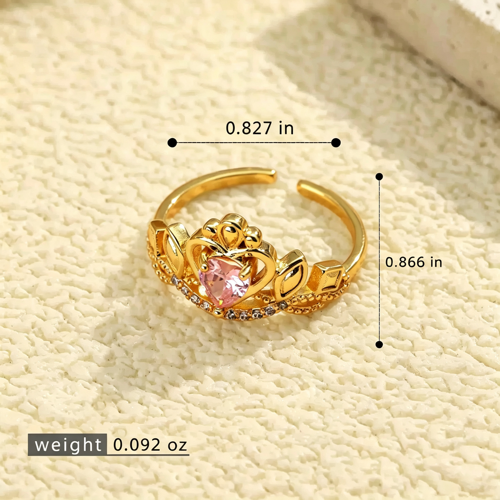 #JYVintage Queen Crown Pink Heart Ring Shiny Cubic Zirconia Open Adjustable Gold Ring Romantic Gift For Girlfriend Wedding Party Daily Wear