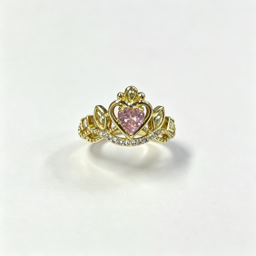 #JYVintage Queen Crown Pink Heart Ring Shiny Cubic Zirconia Open Adjustable Gold Ring Romantic Gift For Girlfriend Wedding Party Daily Wear