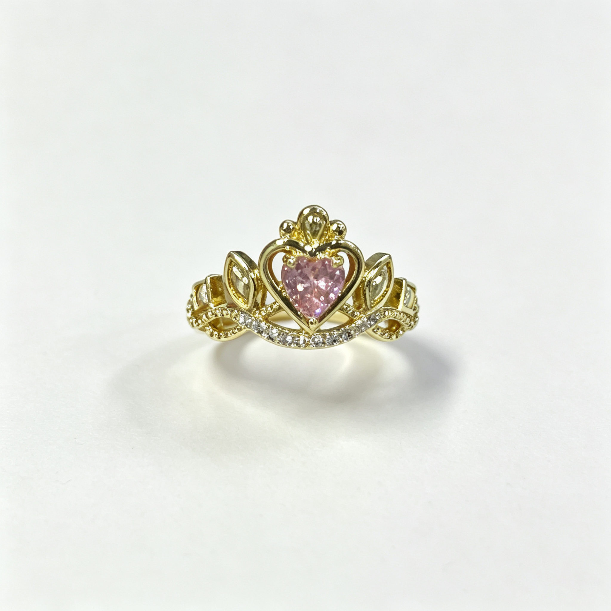 #JYVintage Queen Crown Pink Heart Ring Shiny Cubic Zirconia Open Adjustable Gold Ring Romantic Gift For Girlfriend Wedding Party Daily Wear