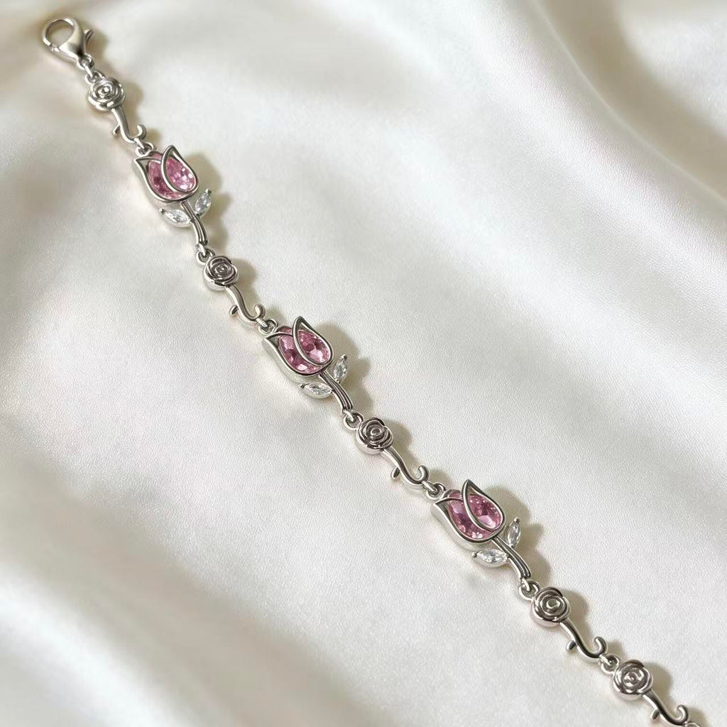 #JY Dainty Silver Pink Crystal Rose Necklace Bracelet Set, Romantic Flower Zircon Jewelry Gift For Her Girlfriend