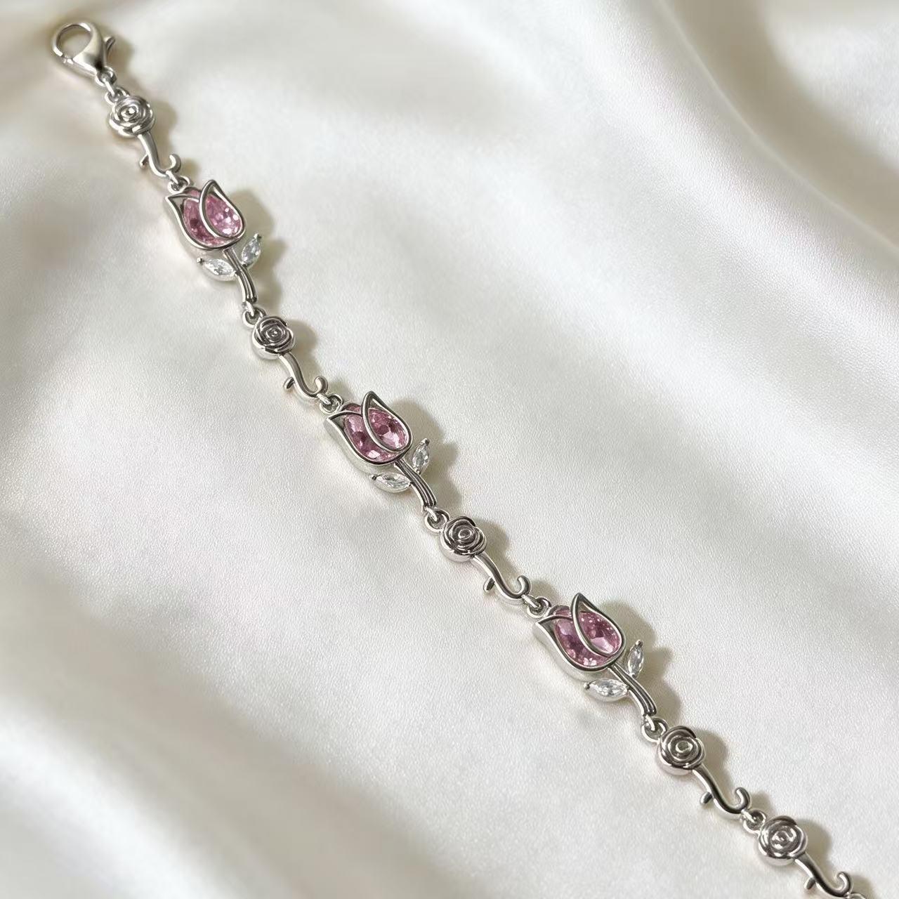 #JY Dainty Silver Pink Crystal Rose Necklace Bracelet Set, Romantic Flower Zircon Jewelry Gift For Her Girlfriend