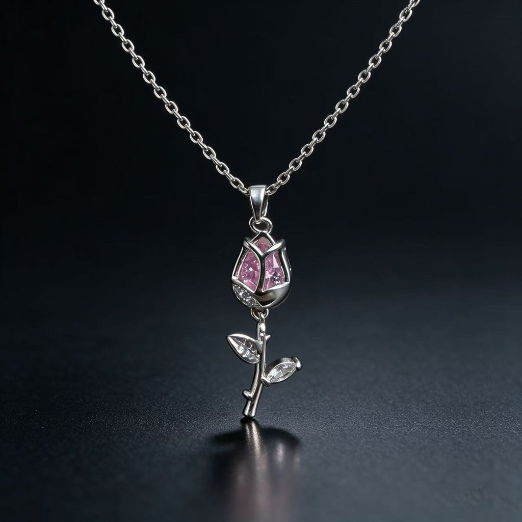 #JY Dainty Pink Crystal Rose Tulip Pendant Silver Necklace, Aesthetic Romantic Flower Jewelry Gift For Girlfriend Women, Must-Have Daily Collarbone Chain For Date Wedding Party Outfit Matching｜