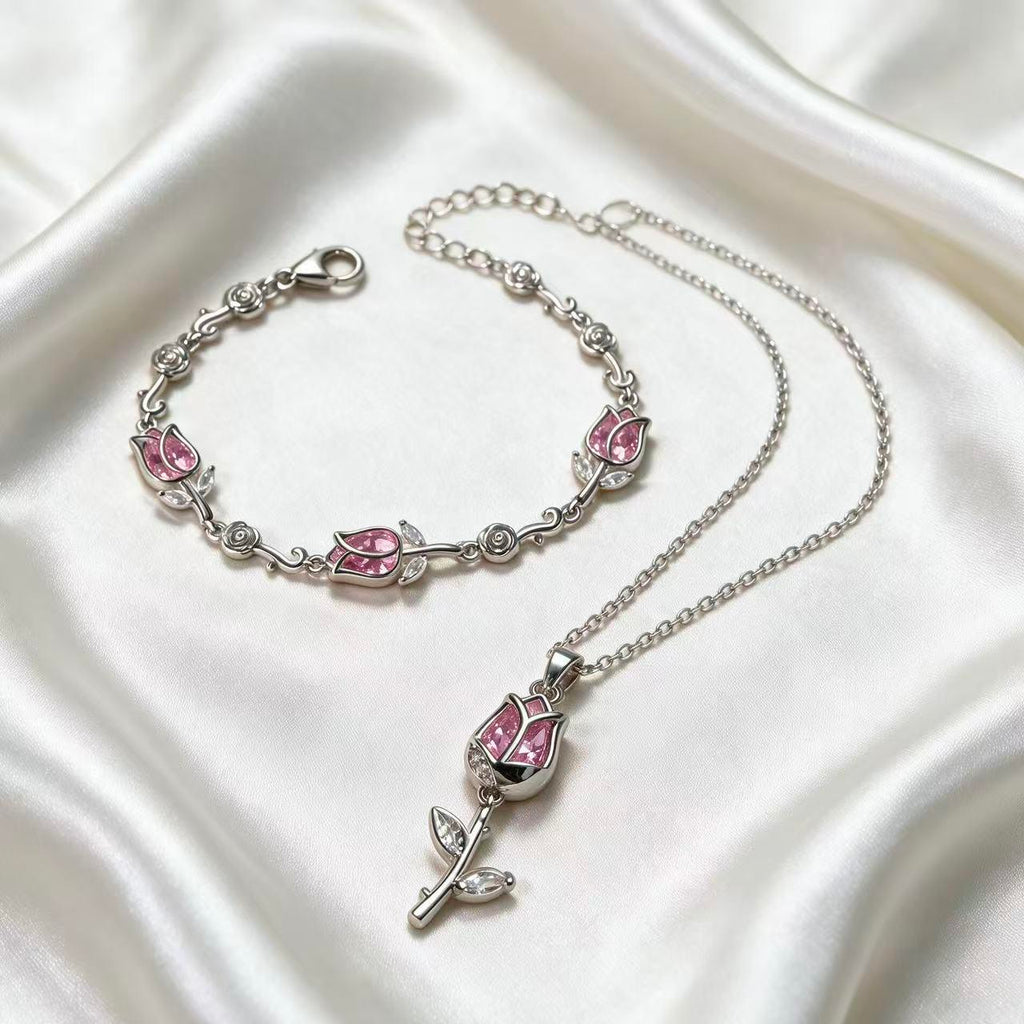 #JY Dainty Silver Pink Crystal Rose Necklace Bracelet Set, Romantic Flower Zircon Jewelry Gift For Her Girlfriend
