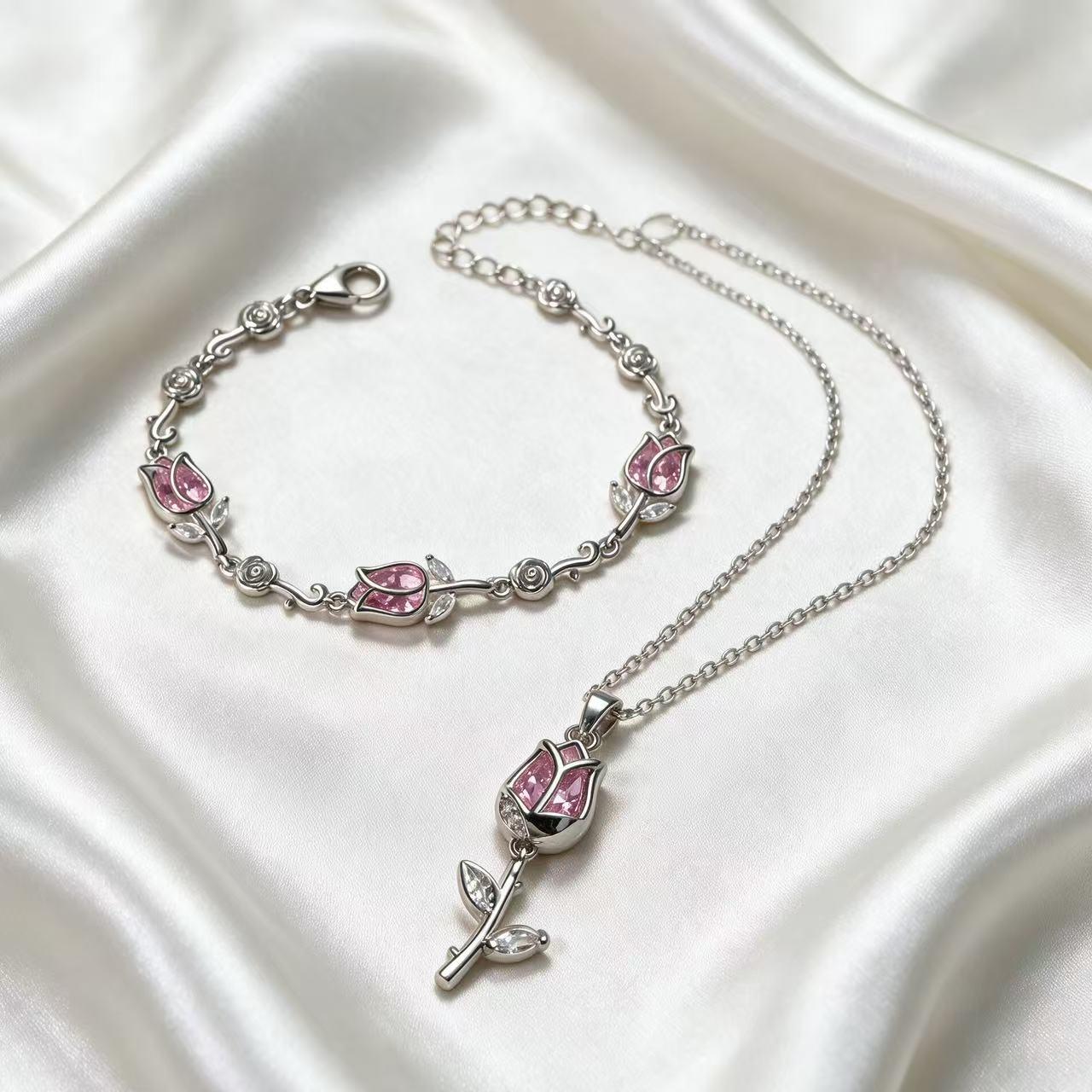 #JY Dainty Silver Pink Crystal Rose Necklace Bracelet Set, Romantic Flower Zircon Jewelry Gift For Her Girlfriend