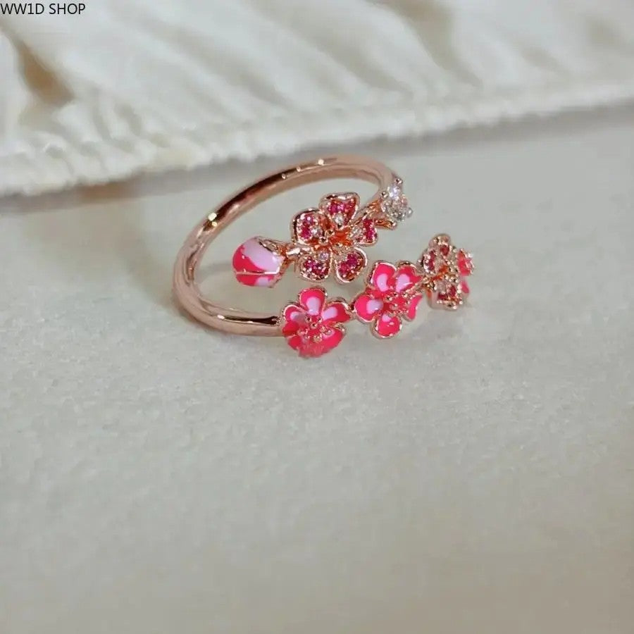 #JY Peach Blossom Ring for Women, Pink Cherry Blossom Adjustable Ring, Floral Open Wrap Band Jewelry, Sparkling Cubic Zirconia Flower Ring, Bridesmaid Wedding Jewelry, Minimalist Everyday Accessory, Birthday Anniversary Gift for Her