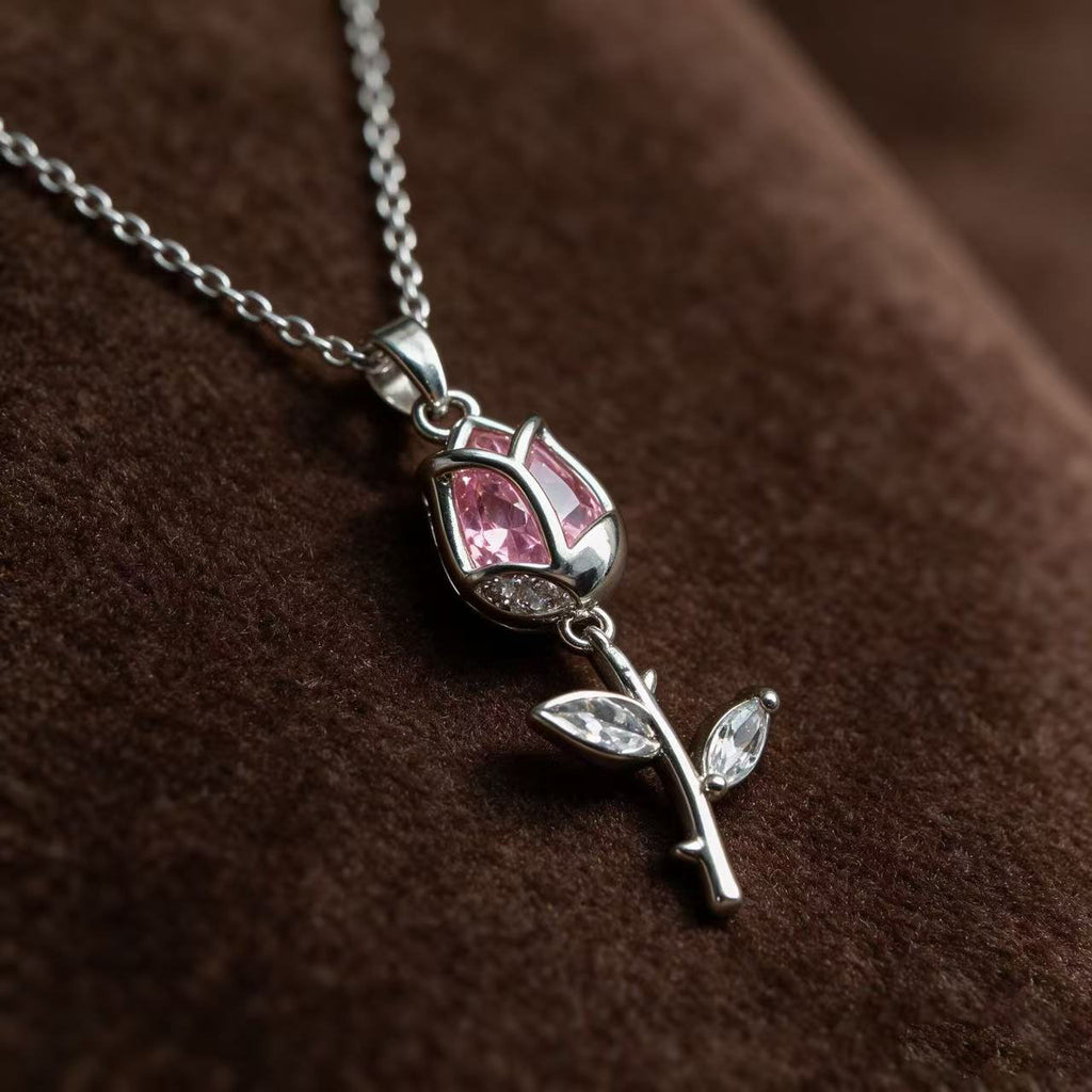 #JY Dainty Pink Crystal Rose Tulip Pendant Silver Necklace, Aesthetic Romantic Flower Jewelry Gift For Girlfriend Women, Must-Have Daily Collarbone Chain For Date Wedding Party Outfit Matching｜