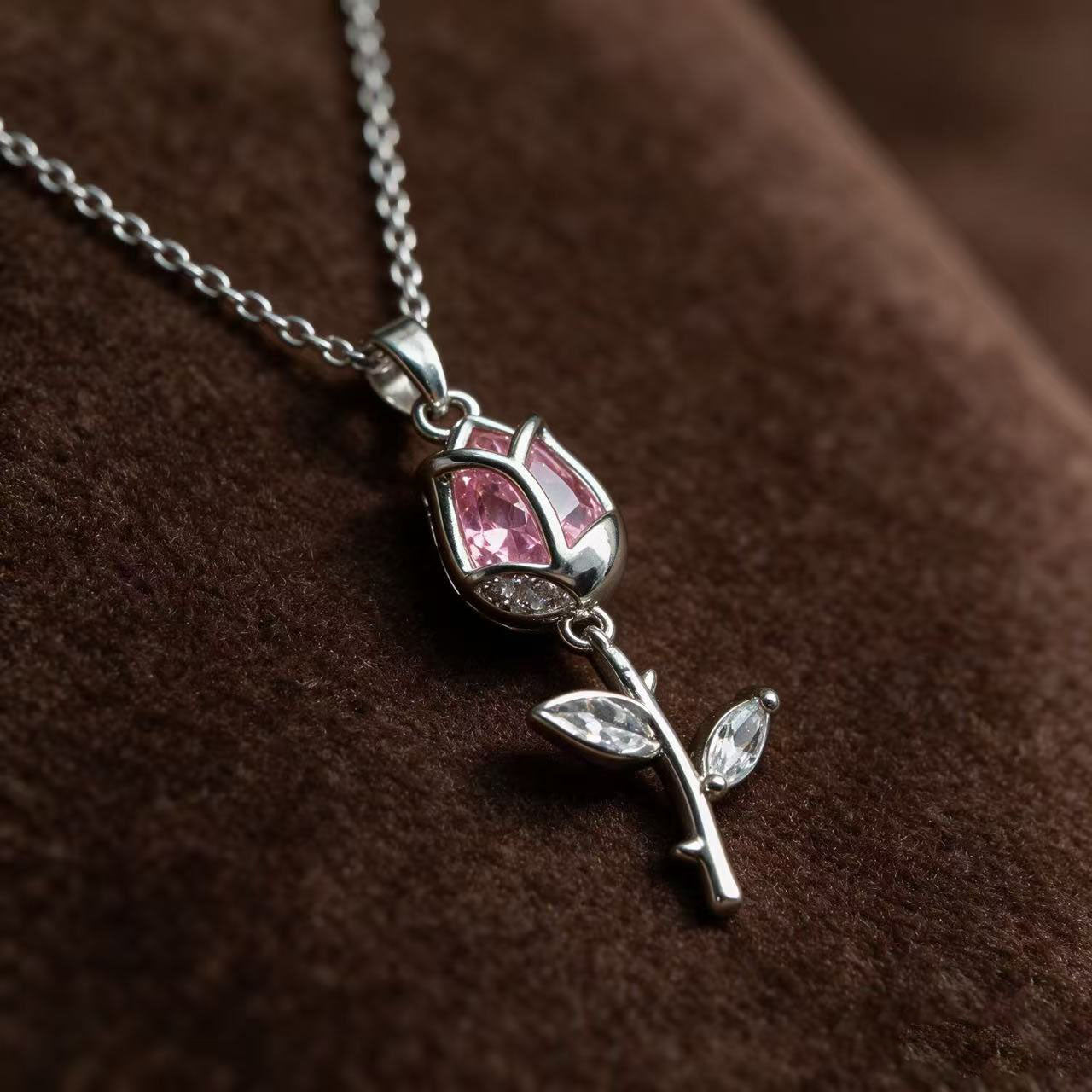 #JY Dainty Pink Crystal Rose Tulip Pendant Silver Necklace, Aesthetic Romantic Flower Jewelry Gift For Girlfriend Women, Must-Have Daily Collarbone Chain For Date Wedding Party Outfit Matching｜