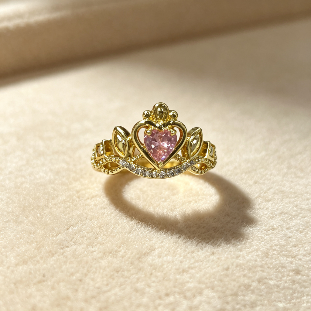 #JYVintage Queen Crown Pink Heart Ring Shiny Cubic Zirconia Open Adjustable Gold Ring Romantic Gift For Girlfriend Wedding Party Daily Wear