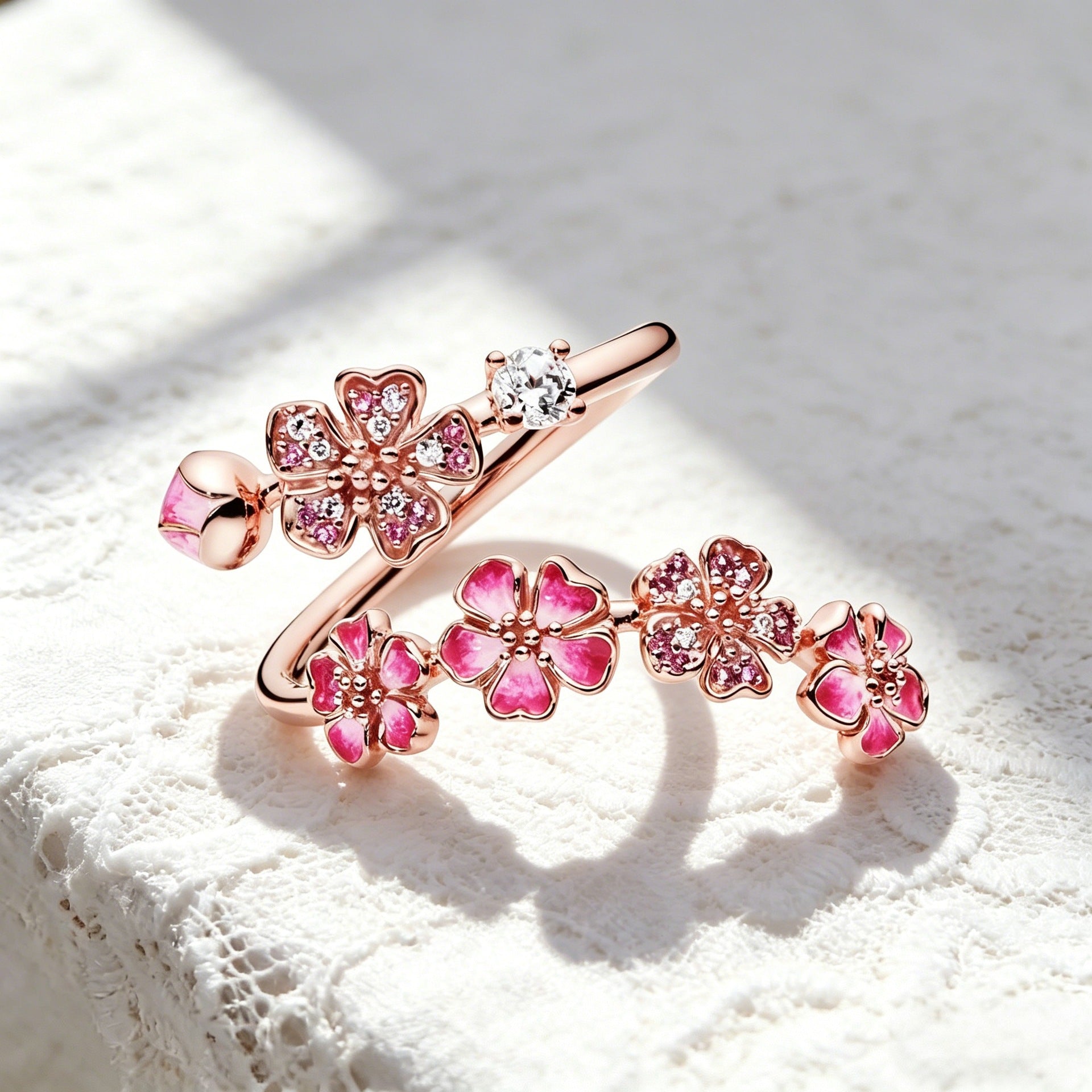 #JY Peach Blossom Ring for Women, Pink Cherry Blossom Adjustable Ring, Floral Open Wrap Band Jewelry, Sparkling Cubic Zirconia Flower Ring, Bridesmaid Wedding Jewelry, Minimalist Everyday Accessory, Birthday Anniversary Gift for Her
