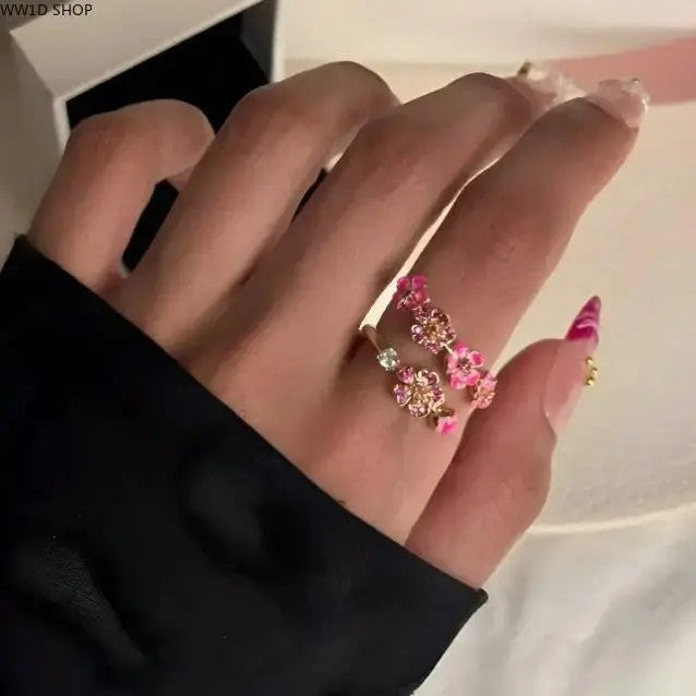 #JY Peach Blossom Ring for Women, Pink Cherry Blossom Adjustable Ring, Floral Open Wrap Band Jewelry, Sparkling Cubic Zirconia Flower Ring, Bridesmaid Wedding Jewelry, Minimalist Everyday Accessory, Birthday Anniversary Gift for Her