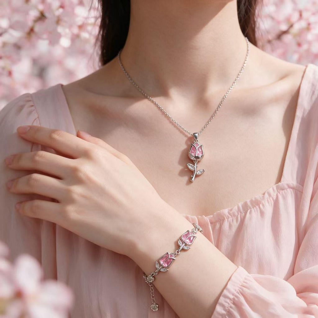 #JY Dainty Silver Pink Crystal Rose Necklace Bracelet Set, Romantic Flower Zircon Jewelry Gift For Her Girlfriend