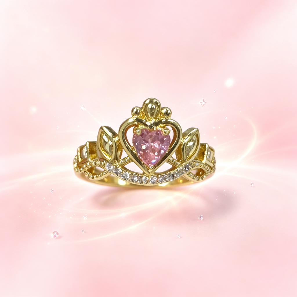 #JYVintage Queen Crown Pink Heart Ring Shiny Cubic Zirconia Open Adjustable Gold Ring Romantic Gift For Girlfriend Wedding Party Daily Wear