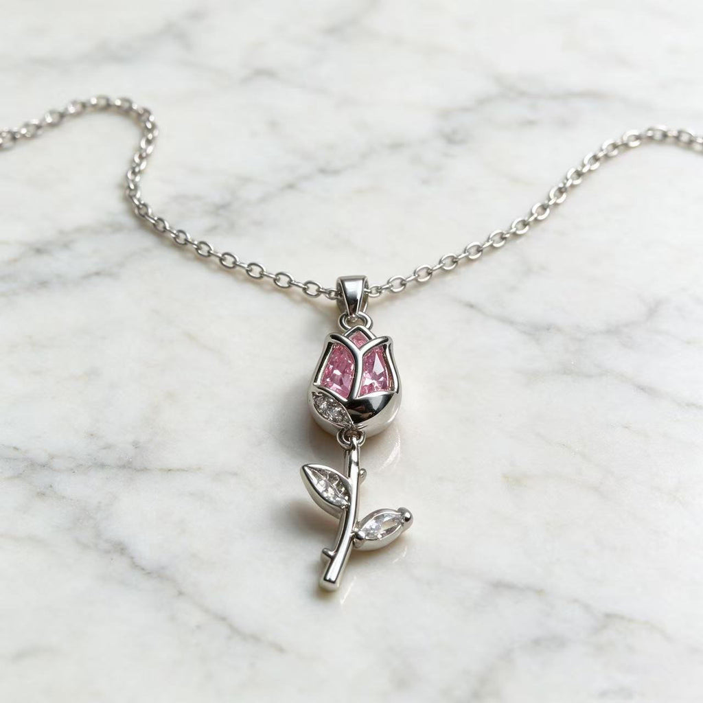 #JY Dainty Pink Crystal Rose Tulip Pendant Silver Necklace, Aesthetic Romantic Flower Jewelry Gift For Girlfriend Women, Must-Have Daily Collarbone Chain For Date Wedding Party Outfit Matching｜