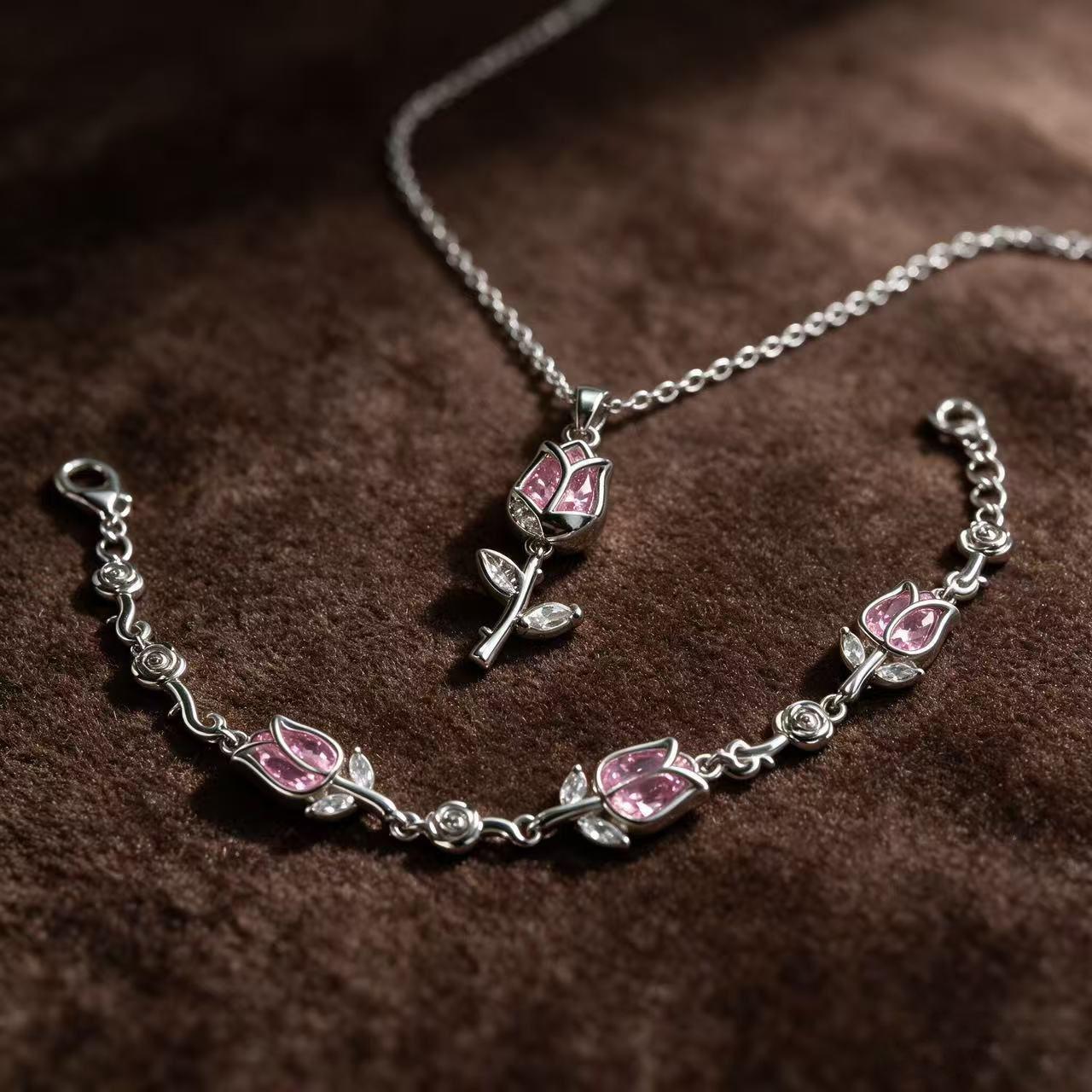 #JY Dainty Silver Pink Crystal Rose Necklace Bracelet Set, Romantic Flower Zircon Jewelry Gift For Her Girlfriend