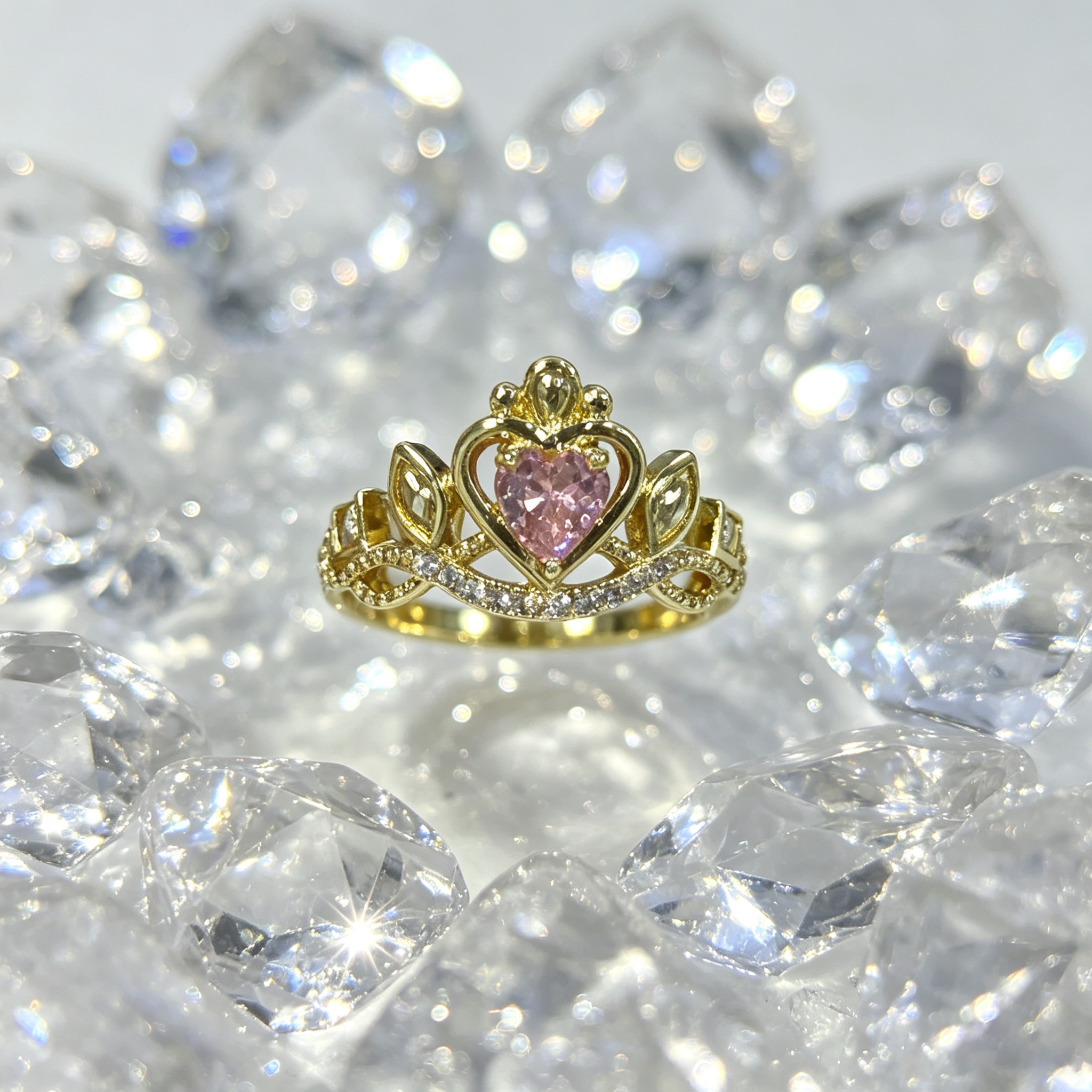 #JYVintage Queen Crown Pink Heart Ring Shiny Cubic Zirconia Open Adjustable Gold Ring Romantic Gift For Girlfriend Wedding Party Daily Wear