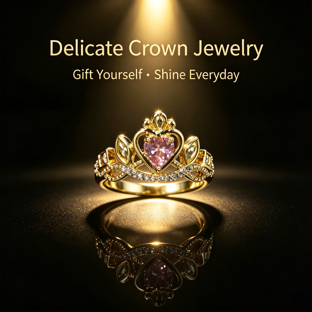 #JYVintage Queen Crown Pink Heart Ring Shiny Cubic Zirconia Open Adjustable Gold Ring Romantic Gift For Girlfriend Wedding Party Daily Wear