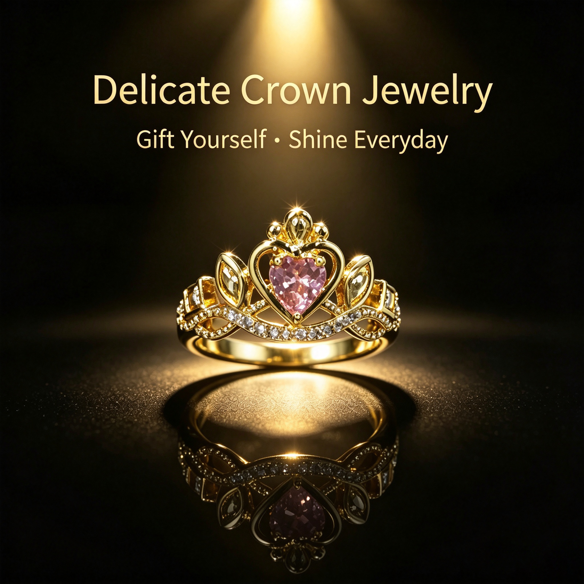 #JYVintage Queen Crown Pink Heart Ring Shiny Cubic Zirconia Open Adjustable Gold Ring Romantic Gift For Girlfriend Wedding Party Daily Wear