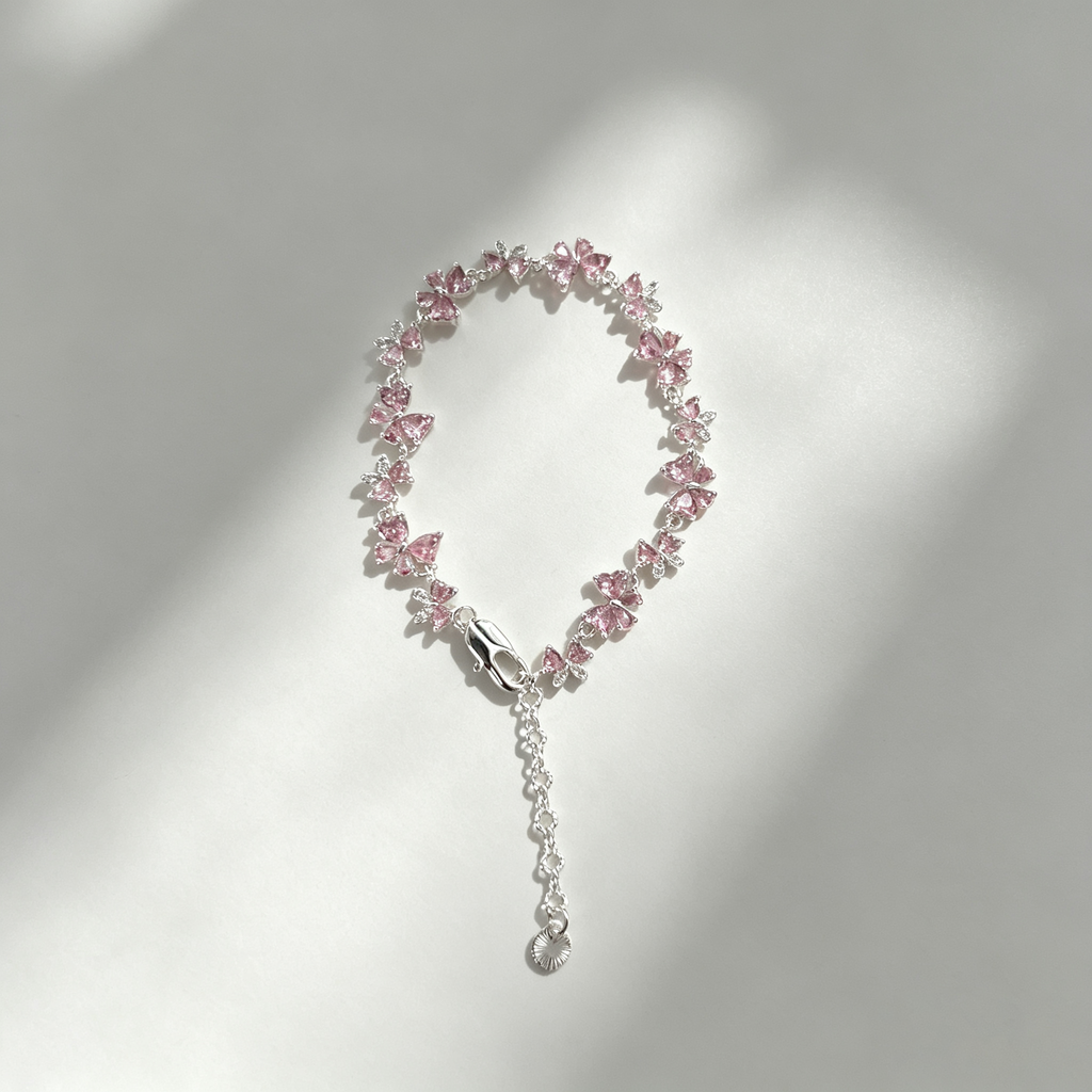 YJ---Pink Butterfly Silver Bracelet | Dainty Girly Daily Jewelry