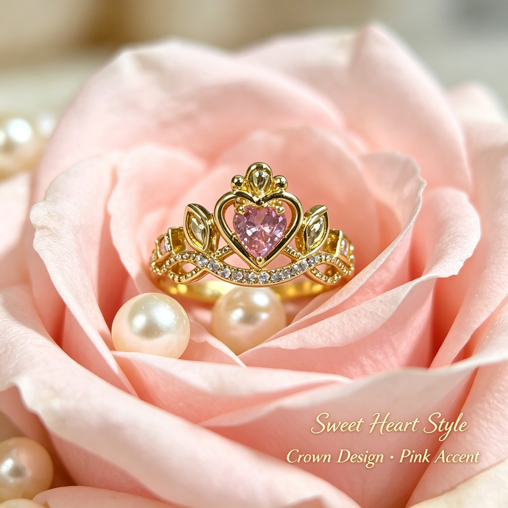 #JYVintage Queen Crown Pink Heart Ring Shiny Cubic Zirconia Open Adjustable Gold Ring Romantic Gift For Girlfriend Wedding Party Daily Wear
