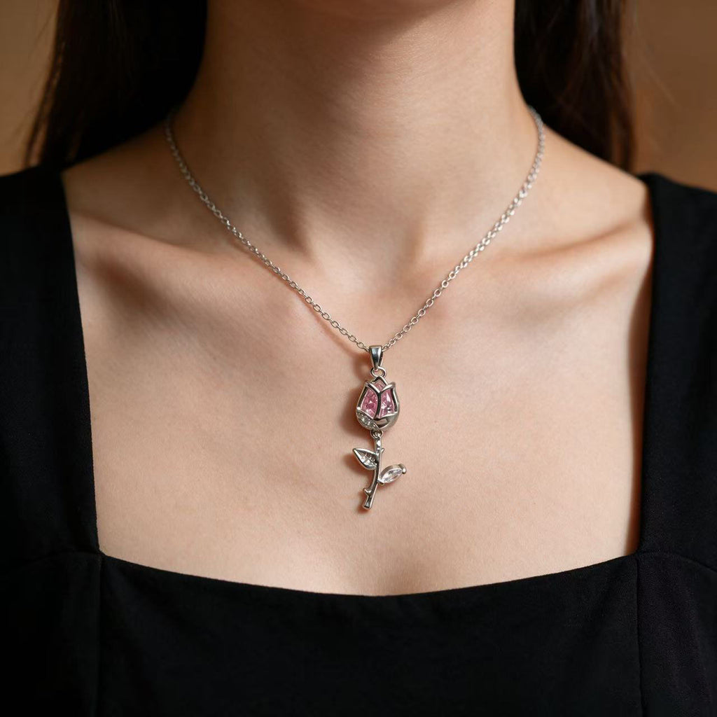 #JY Dainty Pink Crystal Rose Tulip Pendant Silver Necklace, Aesthetic Romantic Flower Jewelry Gift For Girlfriend Women, Must-Have Daily Collarbone Chain For Date Wedding Party Outfit Matching｜