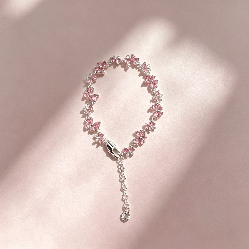 YJ---Pink Butterfly Silver Bracelet | Dainty Girly Daily Jewelry