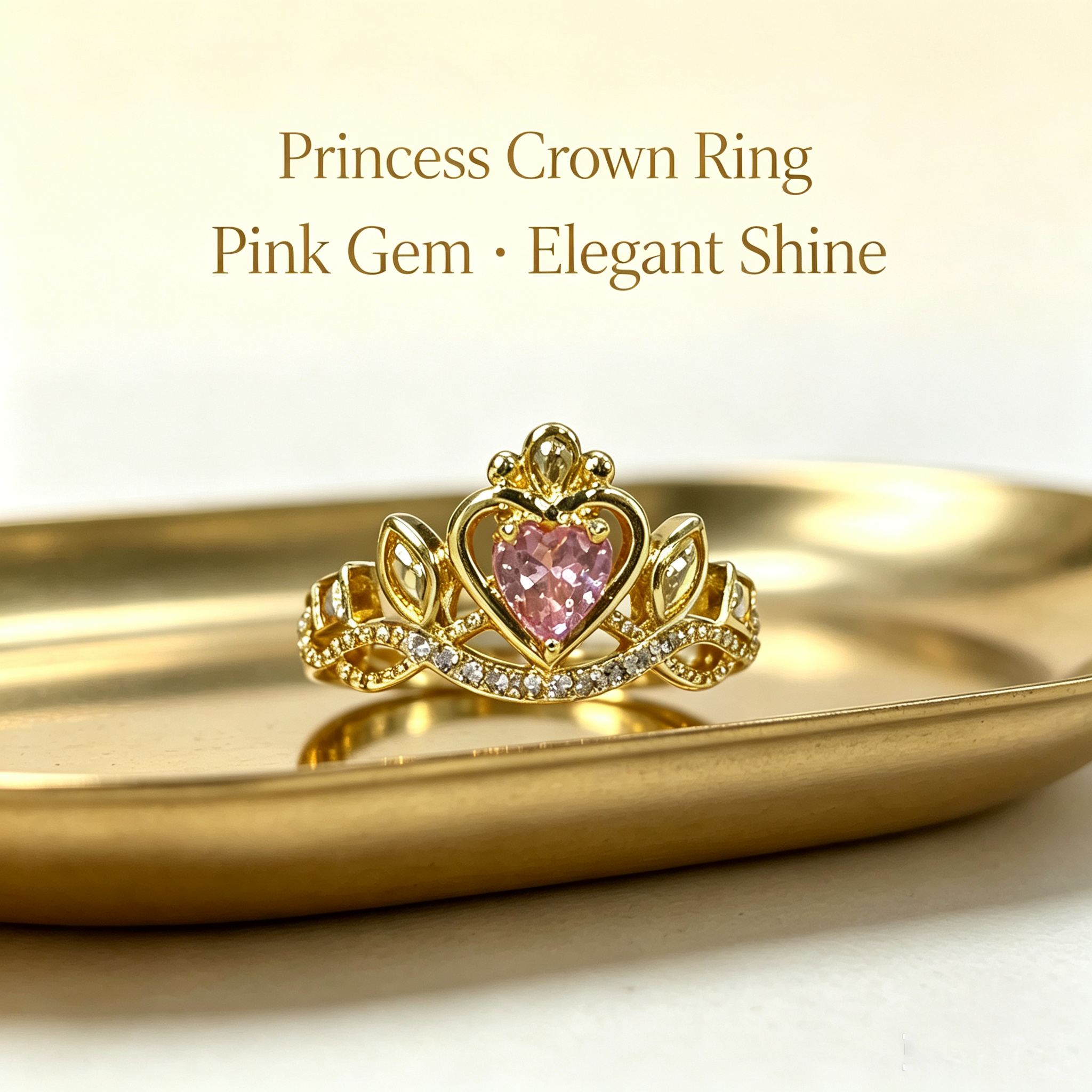 #JYVintage Queen Crown Pink Heart Ring Shiny Cubic Zirconia Open Adjustable Gold Ring Romantic Gift For Girlfriend Wedding Party Daily Wear