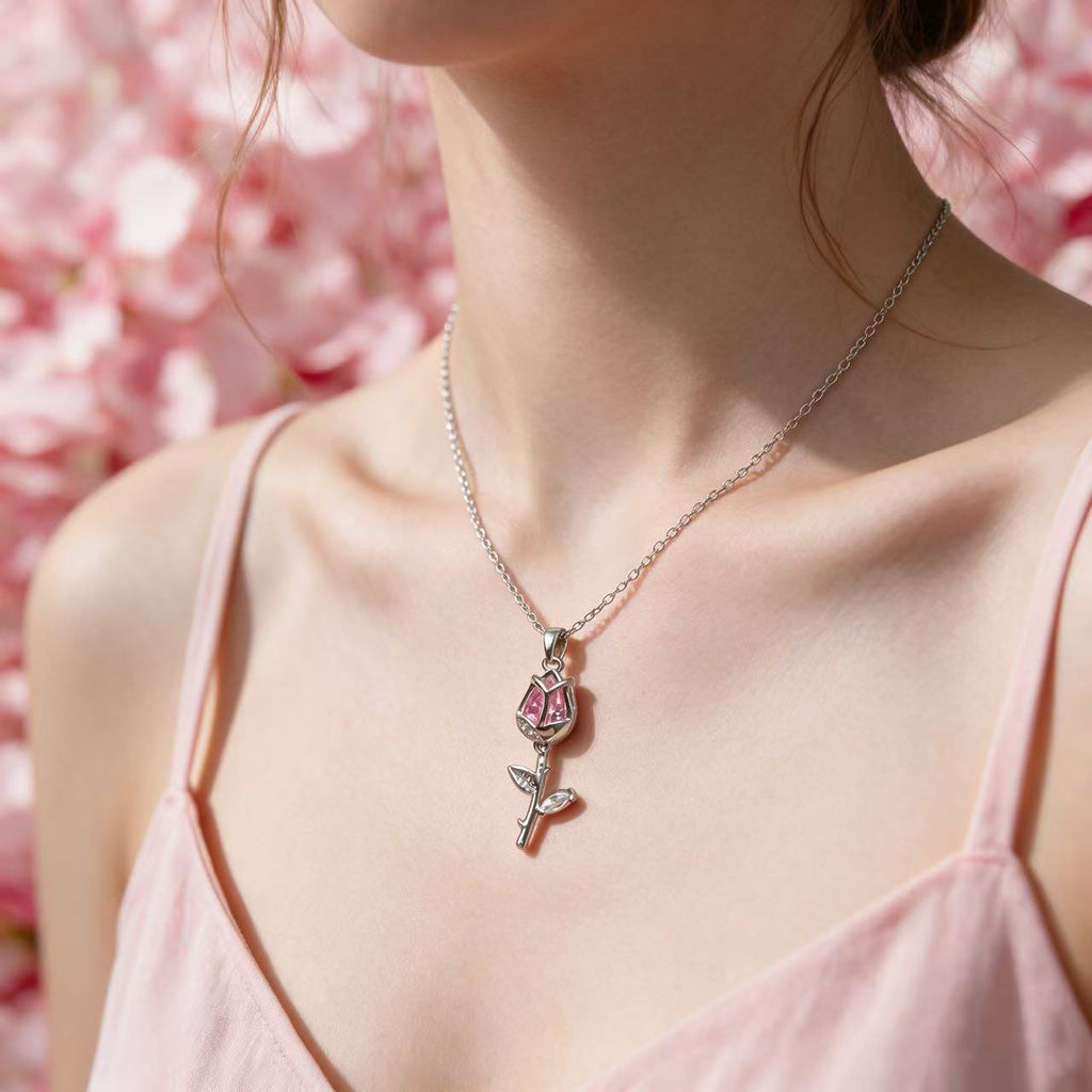 #JY Dainty Pink Crystal Rose Tulip Pendant Silver Necklace, Aesthetic Romantic Flower Jewelry Gift For Girlfriend Women, Must-Have Daily Collarbone Chain For Date Wedding Party Outfit Matching｜