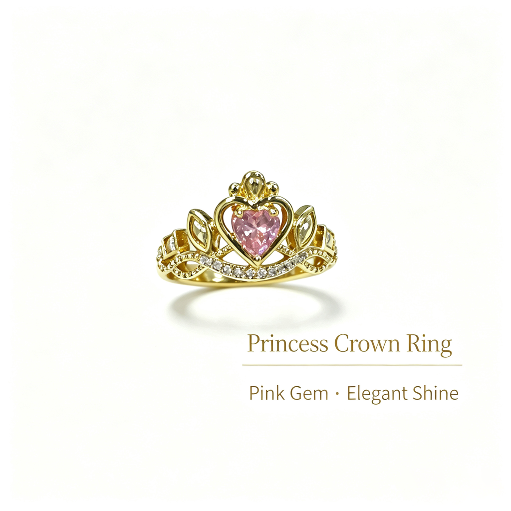 #JYVintage Queen Crown Pink Heart Ring Shiny Cubic Zirconia Open Adjustable Gold Ring Romantic Gift For Girlfriend Wedding Party Daily Wear