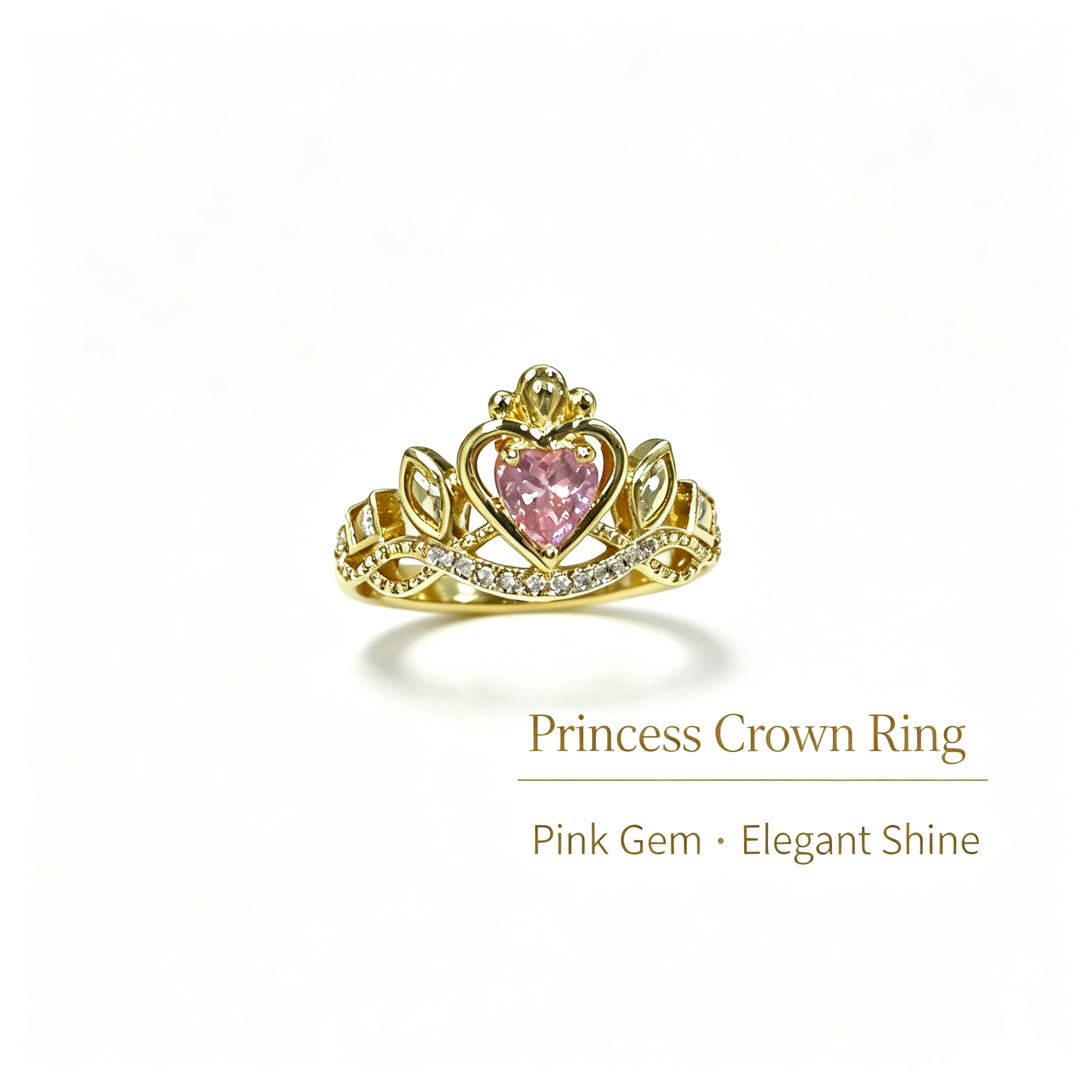 #JYVintage Queen Crown Pink Heart Ring Shiny Cubic Zirconia Open Adjustable Gold Ring Romantic Gift For Girlfriend Wedding Party Daily Wear