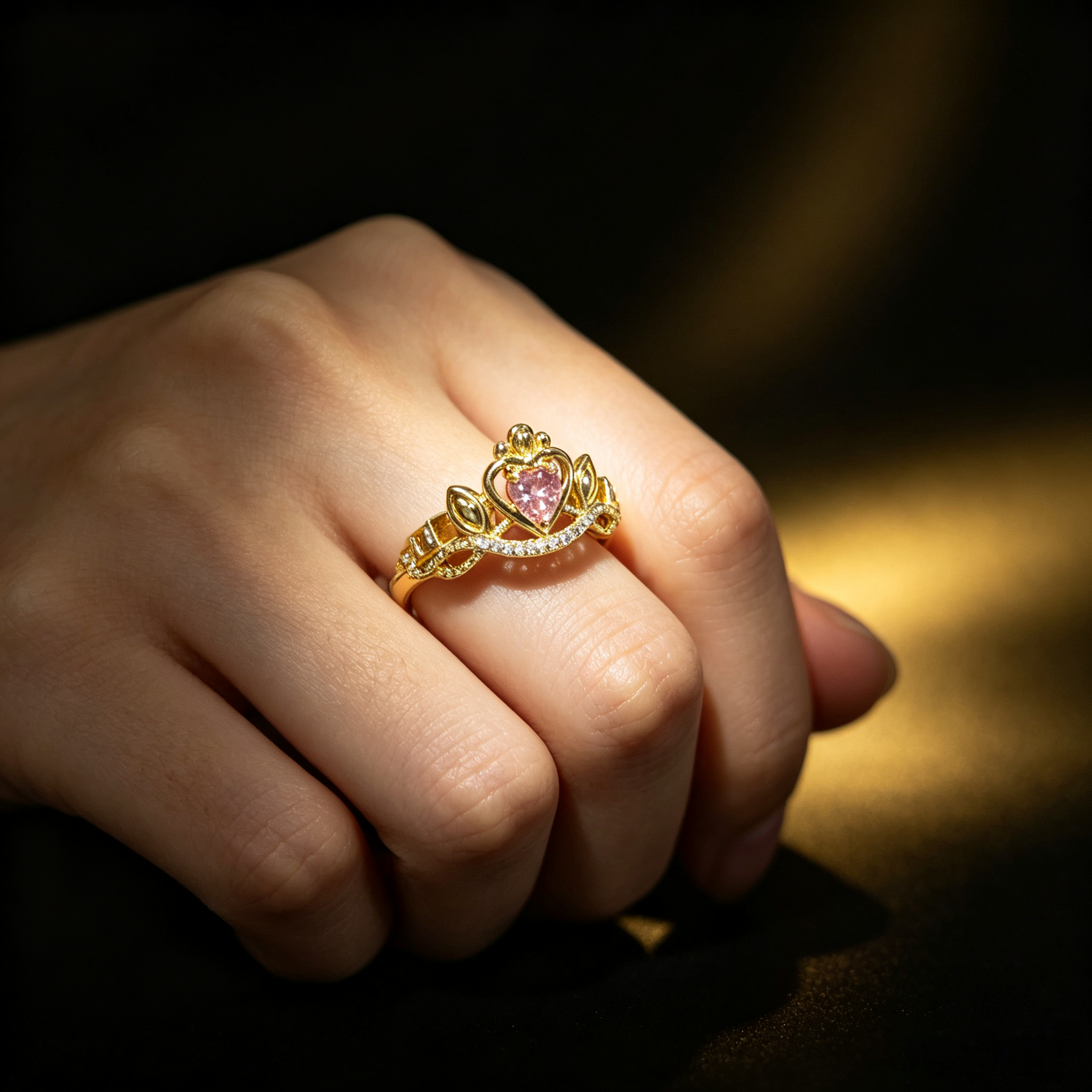 #JYVintage Queen Crown Pink Heart Ring Shiny Cubic Zirconia Open Adjustable Gold Ring Romantic Gift For Girlfriend Wedding Party Daily Wear